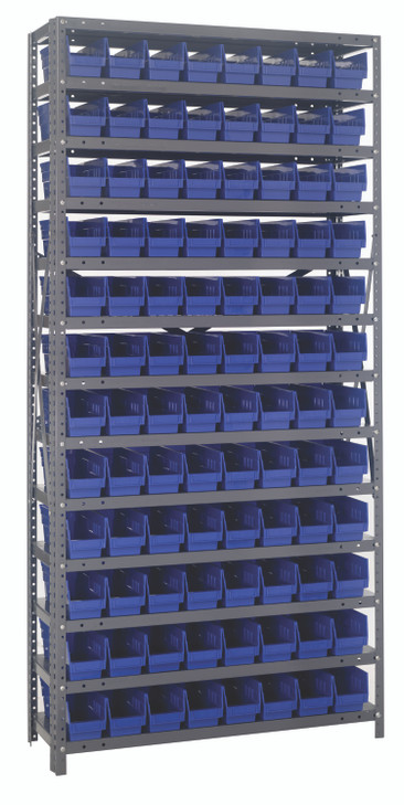 1875-103BL Shelving Unit, 18"D x 36"L x 75"H, heavy duty, 400 lb. load capacity per shelf, includes: (13) shelves, (96) 17-7/8"L x 4-1/8"W x 4"H (QSB103) blue black bins, uprights and cross bars, galvanized steel finish