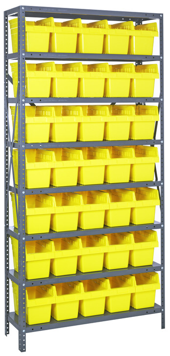1275-SB802YL Shelving Unit, 12"D x 36"L x 75"H, heavy duty, 400 lb. load capacity per shelf, includes: (8) shelves, (35) 11-5/8"L x 6-5/8"W x 8"H (QSB802) yellow black bins, uprights and cross bars, galvanized steel finish