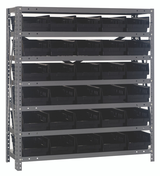 1839-104BK Shelving Unit, 18"D x 36"L x 39"H, heavy duty, 400 lb. load capacity per shelf, includes: (7) shelves, (30) 17-7/8"L x 6-5/8"W x 4"H (QSB104) black black bins, uprights and cross bars, galvanized steel finish