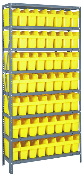 1875-SB803YL Shelving Unit, 18"D x 36"L x 75"H, heavy duty, 400 lb. load capacity per shelf, includes: (8) shelves, (56) 17-7/8"L x 4-3/8"W x 8"H (SSB803) yellow black bins, uprights and cross bars, galvanized steel finish
