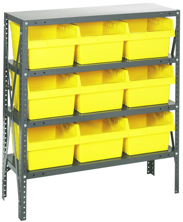 1839-SB810YL Shelving Unit, 18"D x 36"L x 39"H, heavy duty, 400 lb. load capacity per shelf, includes: (4) shelves, (9) 17-7/8"L x 11-1/8"W x 8"H (QSB810) yellow black bins, uprights and cross bars, galvanized steel finish