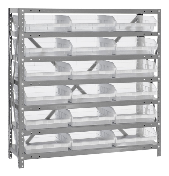 1839-110CL Shelving Unit, 18"D x 36"L x 39"H, heavy duty, 400 lb. load capacity per shelf, includes: (7) shelves, (18) 17-7/8"L x 11-1/8"W x 4"H (QSB110) clear black bins, uprights and cross bars, galvanized steel finish