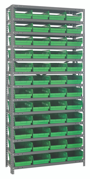 1875-108GN Shelving Unit, 18"D x 36"L x 75"H, heavy duty, 400 lb. load capacity per shelf, includes: (13) shelves, (48) 17-7/8"L x 8-3/8"W x 4"H (QSB108) green black bins, uprights and cross bars, galvanized steel finish