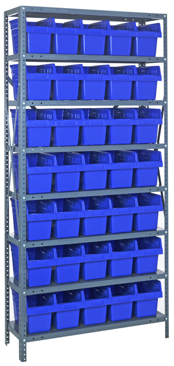 1875-SB804BL Shelving Unit, 18"D x 36"L x 75"H, heavy duty, 400 lb. load capacity per shelf, includes: (8) shelves, (35) 17-7/8"L x 6-5/8"W x 8"H (SSB804) blue black bins, uprights and cross bars, galvanized steel finish