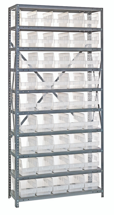 1875-204CL Shelving Unit, 18"D x 36"L x 75"H, heavy duty, 400 lb. load capacity per shelf, includes: (13) shelves, (45) 17-7/8"L x 6-5/8"W x 4"H (QSB204) clear black bins, uprights and cross bars, galvanized steel finish
