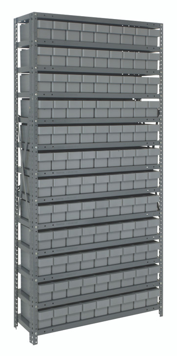1875-604GY Shelving Unit, 18"D x 36"L x 75"H, heavy duty, 400 lb. load capacity per shelf, includes: (13) shelves, (108) 17-7/8"L x 3-3/4"W x 4-5/8"H (QED604) gray black bins, uprights and cross bars, galvanized steel finish