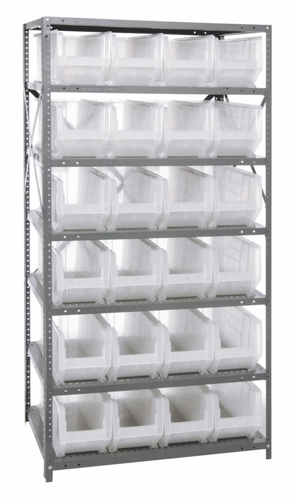 2475-951CL Shelving Unit, 24"D x 36"L x 75"H, heavy duty, 400 lb. load capacity per shelf, includes: (8) shelves, (24) 23-7/8"L x 8-1/4"W x 9"H (QUS951) clear black bins, uprights and cross bars, galvanized steel finish