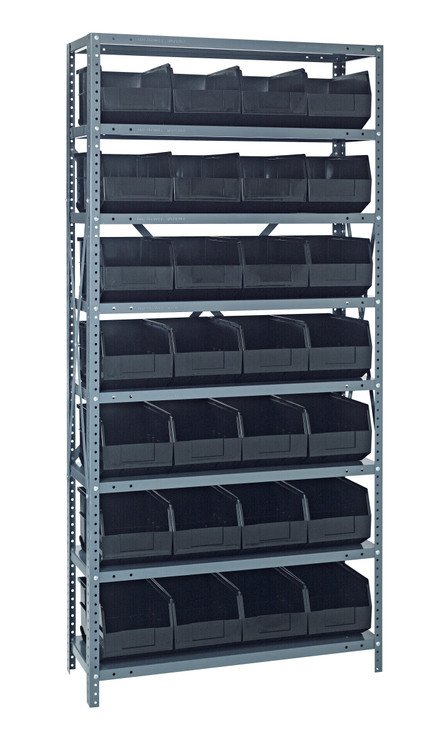2475-483BK Shelving Unit, 24"D x 36"L x 75"H, heavy duty, 400 lb. load capacity per shelf, includes: (8) shelves, (28) 20-1/2"L x 8-1/4"W x 7"H (SSB483) black black bins, uprights and cross bars, galvanized steel finish