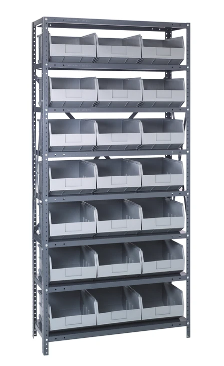 2475-485GY Shelving Unit, 24"D x 36"L x 75"H, heavy duty, 400 lb. load capacity per shelf, includes: (8) shelves, (21) 20-1/2"L x 11"W x 7"H (SSB485) gray black bins, uprights and cross bars, galvanized steel finish