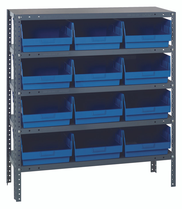 1839-210BL Shelving Unit, 18"D x 36"L x 39"H, heavy duty, 400 lb. load capacity per shelf, includes: (5) shelves, (12) 17-7/8"L x 11-1/8"W x 6"H (QSB210) blue black bins, uprights and cross bars, galvanized steel finish