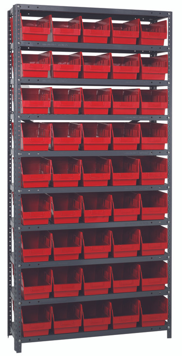 1875-204RD Shelving Unit, 18"D x 36"L x 75"H, heavy duty, 400 lb. load capacity per shelf, includes: (13) shelves, (45) 17-7/8"L x 6-5/8"W x 4"H (QSB204) red black bins, uprights and cross bars, galvanized steel finish