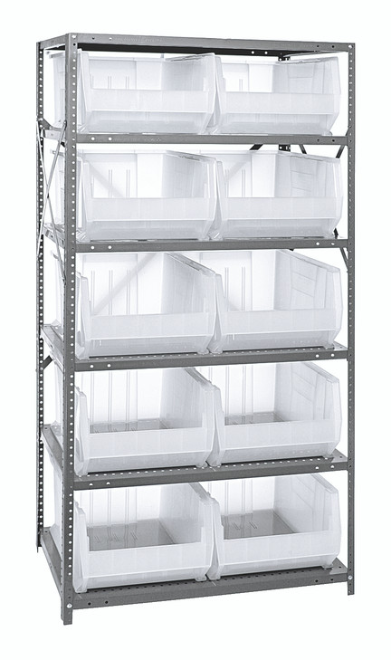 2475-954CL Shelving Unit, 24"D x 36"L x 75"H, heavy duty, 400 lb. load capacity per shelf, includes: (8) shelves, (10) 23-7/8"L x16-1/2"W x 11"H (QUS954) clear black bins, uprights and cross bars, galvanized steel finish