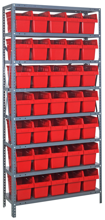 1875-SB804RD Shelving Unit, 18"D x 36"L x 75"H, heavy duty, 400 lb. load capacity per shelf, includes: (8) shelves, (35) 17-7/8"L x 6-5/8"W x 8"H (SSB804) red black bins, uprights and cross bars, galvanized steel finish