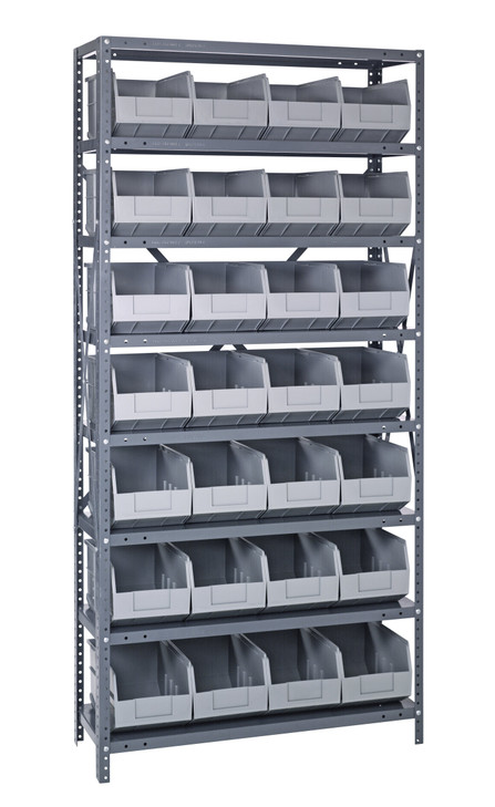 2475-483GY Shelving Unit, 24"D x 36"L x 75"H, heavy duty, 400 lb. load capacity per shelf, includes: (8) shelves, (28) 20-1/2"L x 8-1/4"W x 7"H (SSB483) gray black bins, uprights and cross bars, galvanized steel finish