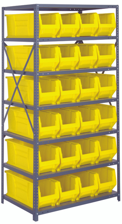2475-951YL Shelving Unit, 24"D x 36"L x 75"H, heavy duty, 400 lb. load capacity per shelf, includes: (8) shelves, (24) 23-7/8"L x 8-1/4"W x 9"H (QUS951) yellow black bins, uprights and cross bars, galvanized steel finish