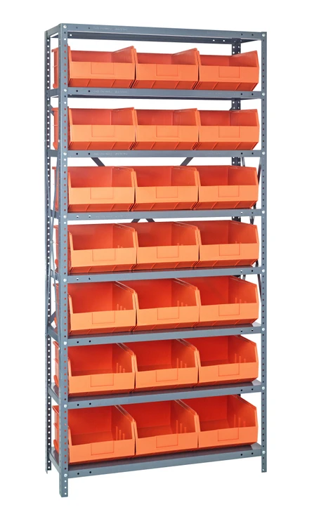 2475-485OR Shelving Unit, 24"D x 36"L x 75"H, heavy duty, 400 lb. load capacity per shelf, includes: (8) shelves, (21) 20-1/2"L x 11"W x 7"H (SSB485) orange black bins, uprights and cross bars, galvanized steel finish