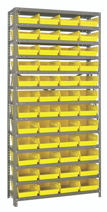 1875-108YL Shelving Unit, 18"D x 36"L x 75"H, heavy duty, 400 lb. load capacity per shelf, includes: (13) shelves, (48) 17-7/8"L x 8-3/8"W x 4"H (QSB108) yellow black bins, uprights and cross bars, galvanized steel finish