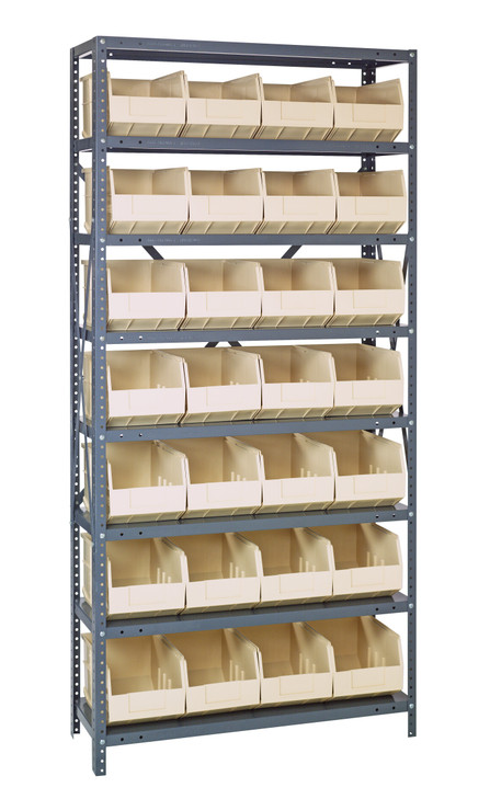 2475-483IV Shelving Unit, 24"D x 36"L x 75"H, heavy duty, 400 lb. load capacity per shelf, includes: (8) shelves, (28) 20-1/2"L x 8-1/4"W x 7"H (SSB483) ivory black bins, uprights and cross bars, galvanized steel finish