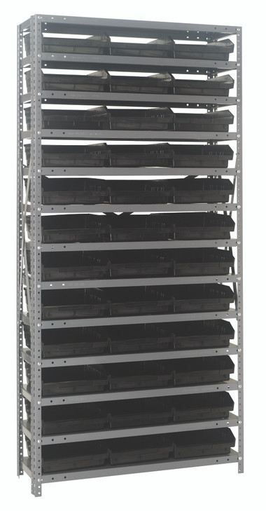 1875-110BK Shelving Unit, 18"D x 36"L x 75"H, heavy duty, 400 lb. load capacity per shelf, includes: (13) shelves, (36) 17-7/8"L x 11-1/8"W x 4"H (QSB110) black black bins, uprights and cross bars, galvanized steel finish