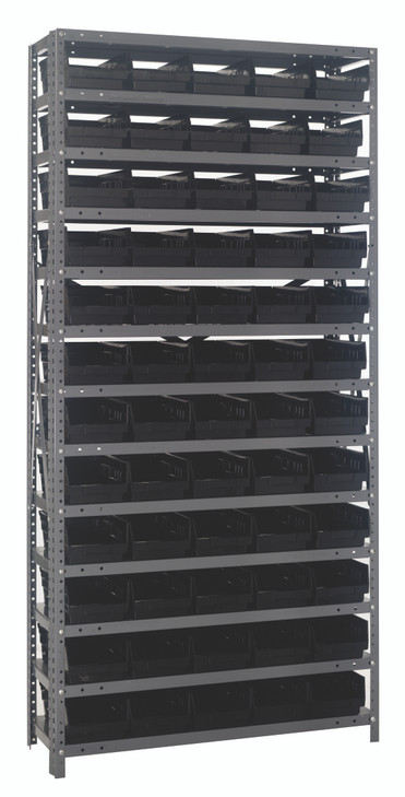 1875-104BK Shelving Unit, 18"D x 36"L x 75"H, heavy duty, 400 lb. load capacity per shelf, includes: (13) shelves, (60) 17-7/8"L x 6-5/8"W x 4"H (QSB104) black black bins, uprights and cross bars, galvanized steel finish