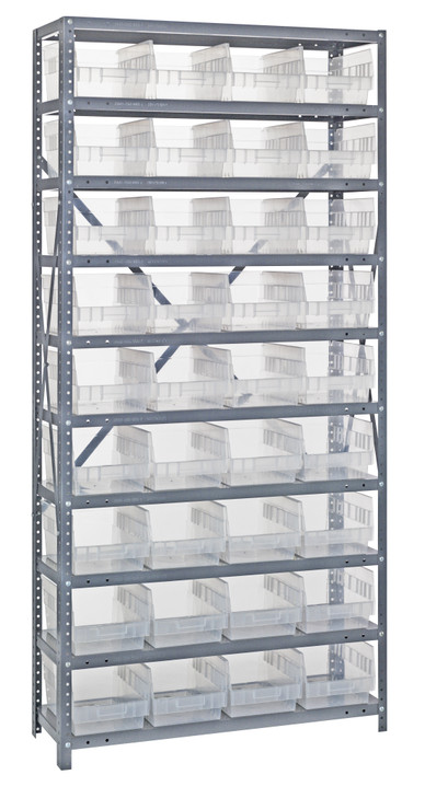1875-208CL Shelving Unit, 18"D x 36"L x 75"H, heavy duty, 400 lb. load capacity per shelf, includes: (13) shelves, (36) 17-7/8"L x 8-3/8"W x 4"H (QSB208) clear black bins, uprights and cross bars, galvanized steel finish