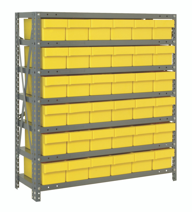 2439-603YL Shelving Unit, 24"D x 36"L x 39"H, heavy duty, 400 lb. load capacity per shelf, includes: (7) shelves, (36) 24"L x 5-9/16"W x 4-5/8"H (QED603) yellow black bins, uprights and cross bars, galvanized steel finish