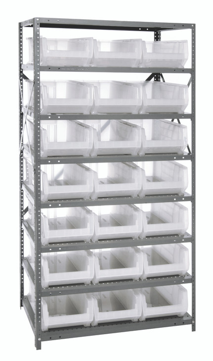 2475-952CL Shelving Unit, 24"D x 36"L x 75"H, heavy duty, 400 lb. load capacity per shelf, includes: (8) shelves, (21) 23-7/8"L x11"W x 7"H (QUS952) clear black bins, uprights and cross bars, galvanized steel finish