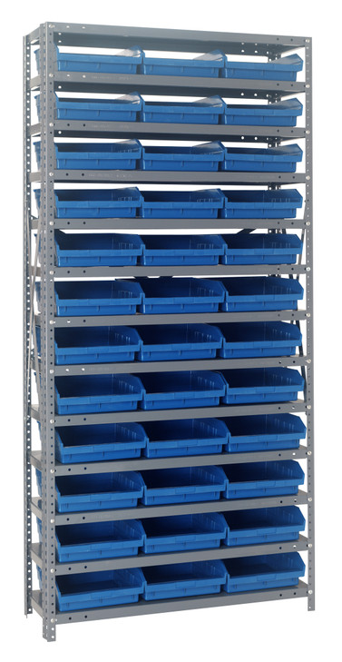 1875-110BL Shelving Unit, 18"D x 36"L x 75"H, heavy duty, 400 lb. load capacity per shelf, includes: (13) shelves, (36) 17-7/8"L x 11-1/8"W x 4"H (QSB110) blue black bins, uprights and cross bars, galvanized steel finish