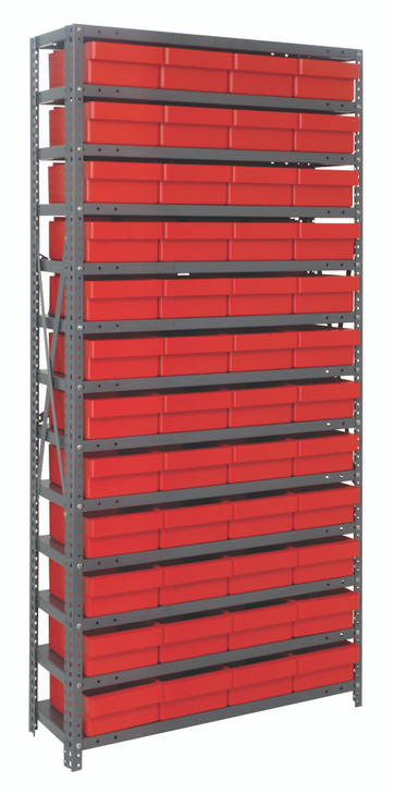 1875-606RD Shelving Unit, 18"D x 36"L x 75"H, heavy duty, 400 lb. load capacity per shelf, includes: (13) shelves, (48) 17-7/8"L x 8-3/8"W x 4-5/8"H (QED606) red black bins, uprights and cross bars, galvanized steel finish