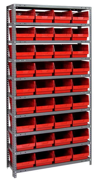 1875-208RD Shelving Unit, 18"D x 36"L x 75"H, heavy duty, 400 lb. load capacity per shelf, includes: (13) shelves, (36) 17-7/8"L x 8-3/8"W x 4"H (QSB208) red black bins, uprights and cross bars, galvanized steel finish