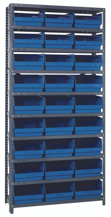 1875-210BL Shelving Unit, 18"D x 36"L x 75"H, heavy duty, 400 lb. load capacity per shelf, includes: (13) shelves, (27) 17-7/8"L x 11-1/8"W x 4"H (QSB210) blue black bins, uprights and cross bars, galvanized steel finish