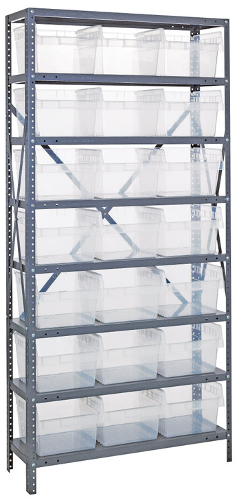 1875-SB810CL Shelving Unit, 18"D x 36"L x 75"H, heavy duty, 400 lb. load capacity per shelf, includes: (8) shelves, (21) 17-7/8"L x 11-1/8"W x 8"H (SSB810) clear black bins, uprights and cross bars, galvanized steel finish