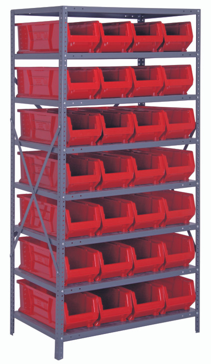 2475-950RD Shelving Unit, 24"D x 36"L x 75"H, heavy duty, 400 lb. load capacity per shelf, includes: (8) shelves, (28) 23-7/8"L x 8-1/4"W x 7"H (QUS950) red black bins, uprights and cross bars, galvanized steel finish