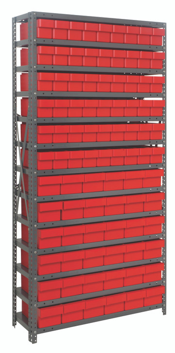 1875-624RD Shelving Unit, 18"D x 36"L x 75"H, heavy duty, 400 lb. load capacity per shelf, includes: (13) shelves, (54) 17-7/8"L x 3-3/4"W x 4-5/8"H (QED604) and (36) 17-7/8"L x 5-9/16"W x 4-5/8"H (QED602) red black bins, uprights and cross bars