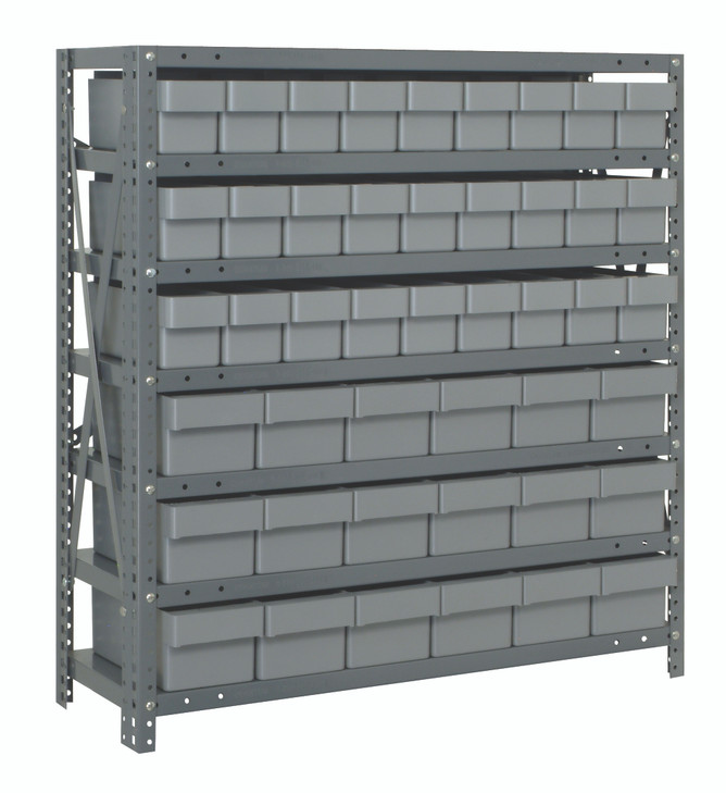 1839-624GY Shelving Unit, 18"D x 36"L x 39"H, heavy duty, 400 lb. load capacity per shelf, includes: (7) shelves, (27) 17-7/8"L x 3-3/4"W x 4-5/8"H (QED604) and (18) 17-7/8"L x 5-9/16"W x 4-5/8"H (QED602) gray black bins, uprights and cross bars