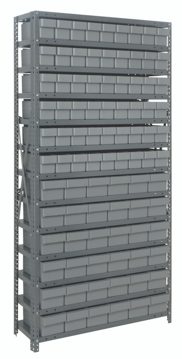 1875-624GY Shelving Unit, 18"D x 36"L x 75"H, heavy duty, 400 lb. load capacity per shelf, includes: (13) shelves, (54) 17-7/8"L x 3-3/4"W x 4-5/8"H (QED604) and (36) 17-7/8"L x 5-9/16"W x 4-5/8"H (QED602) gray black bins, uprights and cross bars
