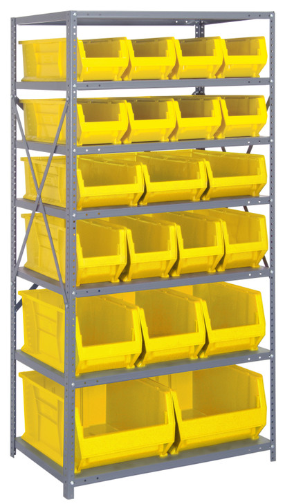 2475-20-MIXYL Shelving Unit, 24"D x 36"L x 75"H, heavy duty, 400 lb. load capacity per shelf, includes: (7) shelves, (8) 23-7/8"L x 8-1/4"W x 7"H (QUS950), (3) 23-7/8"L x 11"W x 7"H (QUS952), (4) 23-7/8"L x 8-1/4"W x 9"H (QUS951)