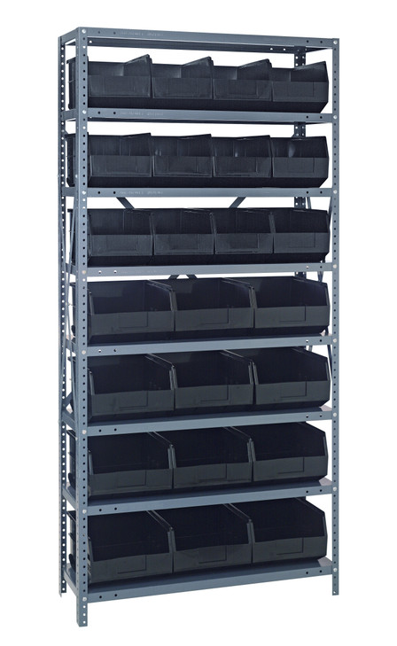2475-483485BK Shelving Unit, 24"D x 36"L x 75"H, heavy duty, 400 lb. load capacity per shelf, includes: (8) shelves, (12) 20-1/2"L x 8-1/4"W x 7"H (SSB483) and (12) 20-1/2"L x 11"W x 7"H (SSB485) black black bins, uprights and cross bars