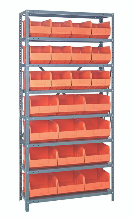 2475-483485OR Shelving Unit, 24"D x 36"L x 75"H, heavy duty, 400 lb. load capacity per shelf, includes: (8) shelves, (12) 20-1/2"L x 8-1/4"W x 7"H (SSB483) and (12) 20-1/2"L x 11"W x 7"H (SSB485) orange black bins, uprights and cross bars