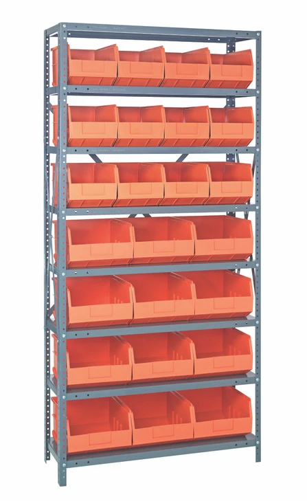 2475-483485OR Shelving Unit, 24"D x 36"L x 75"H, heavy duty, 400 lb. load capacity per shelf, includes: (8) shelves, (12) 20-1/2"L x 8-1/4"W x 7"H (SSB483) and (12) 20-1/2"L x 11"W x 7"H (SSB485) orange black bins, uprights and cross bars