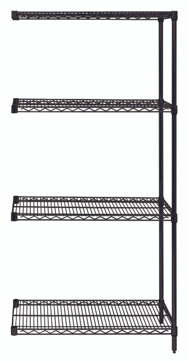 AD54-1436BK Wire Shelving Add-On Kit, 36"W x 14"D x 54"H, 600 - 800 lb. capacity, includes (4) wire shelves, (2) posts and (8) S-Hooks, black epoxy antimicrobial finish, NSF, shipped KD