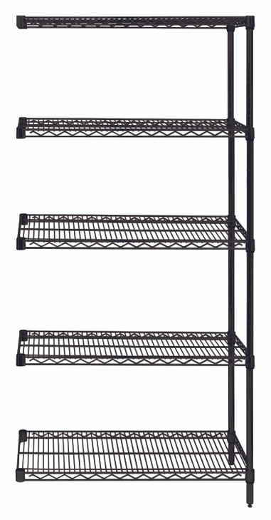 AD63-1436BK-5 Wire Shelving Add-On Kit, 36"W x 14"D x 63"H, 600 - 800 lb. capacity, includes (5) wire shelves, (2) posts and (10) S-Hooks, black epoxy antimicrobial finish, NSF, shipped KD