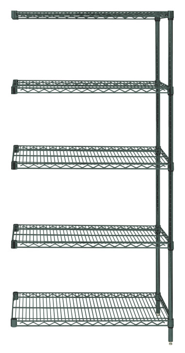 AD74-2430P-5 Wire Shelving Add-On Kit, 30"W x 24"D x 74"H, 600 - 800 lb. capacity, includes (5) wire shelves, (2) posts and (10) S-Hooks, green epoxy antimicrobial finish, NSF, shipped KD
