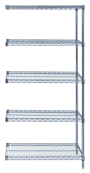 AD74-3036GY-5 Wire Shelving Add-On Kit, 36"W x 30"D x 74"H, 600 - 800 lb. capacity, includes (5) wire shelves, (2) posts and (10) S-Hooks, gray epoxy antimicrobial finish, NSF, shipped KD