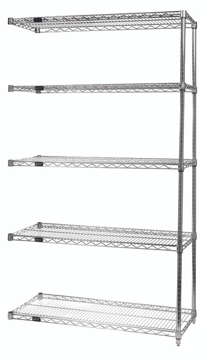 AD86-2472C-5 Wire Shelving Add-On Kit, 72"W x 24"D x 86"H, 600 - 800 lb. capacity, includes (5) wire shelves, (2) posts and (10) S-Hooks, chrome plated finish, NSF, shipped KD