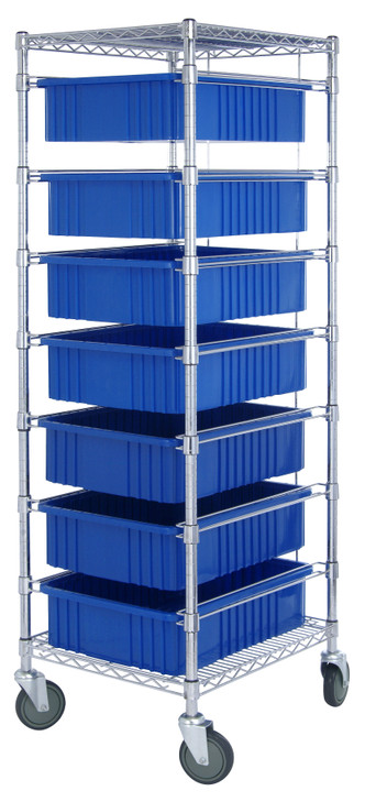 BC212469M1BL Bin Cart, mobile, 21"W x 24"L x 69"H, includes: (2) wire shelves, (7) 22-1/2"L x 17-1/2"W x 6"H (DG93060) blue bin and set of casters, chrome plated finish