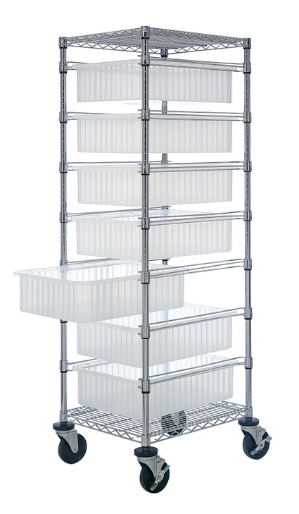 BC212469M1CL Bin Cart, mobile, 21"W x 24"L x 69"H, includes: (2) wire shelves, (7) 22-1/2"L x 17-1/2"W x 6"H (DG93060) clear bin and set of casters, chrome plated finish