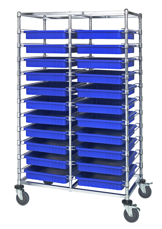 BC214069M2DBL Bin Cart, mobile, double bay, 24"W x 40"L x 69"H, includes: (22) 22-1/2"L x 17-1/2"W x3"H  (DG93030) blue bin, chrome plated finish, shipped KD