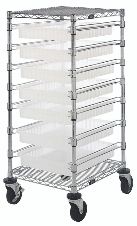 BC212439M2CL Bin Cart, mobile, 21"W x 24"L x 45"H, includes: (2) wire shelves, (7) 22-1/2"L x 17-1/2"W x 3"H (DG93030) clear bin and set of casters, chrome plated finish