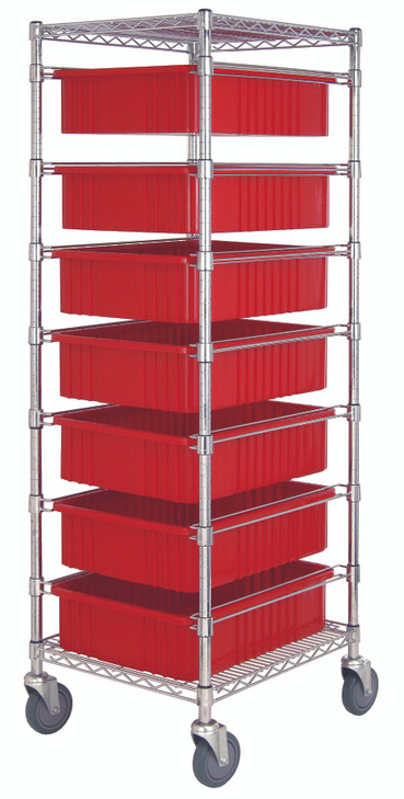 BC212469M1RD Bin Cart, mobile, 21"W x 24"L x 69"H, includes: (2) wire shelves, (7) 22-1/2"L x 17-1/2"W x 6"H (DG93060) red bin and set of casters, chrome plated finish